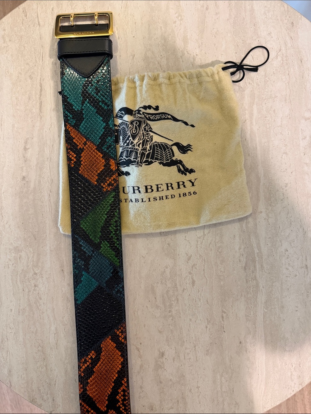 Burberry Multicolor Snakeskin-Print Leather Belt with Gold Buckle